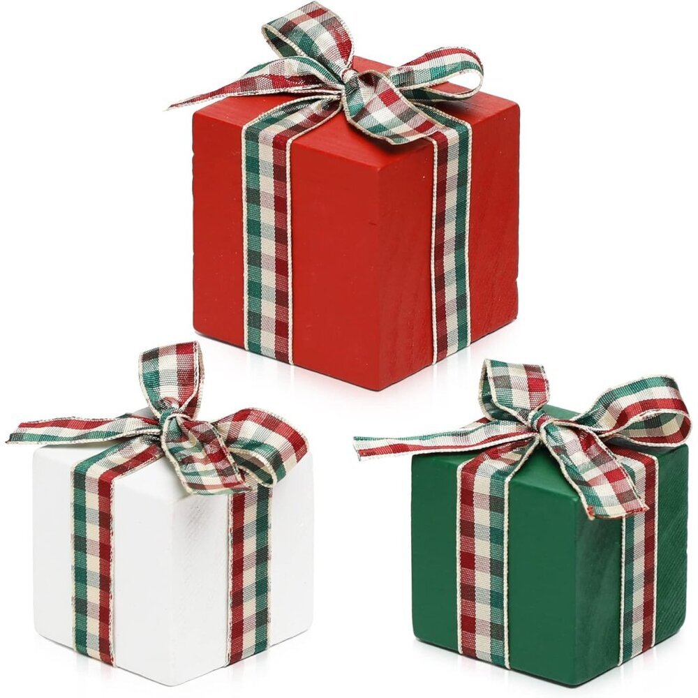 Christmas Tiered Tray Decor Set of 3 Mini Wood Presents Small Gift Christmas Tab